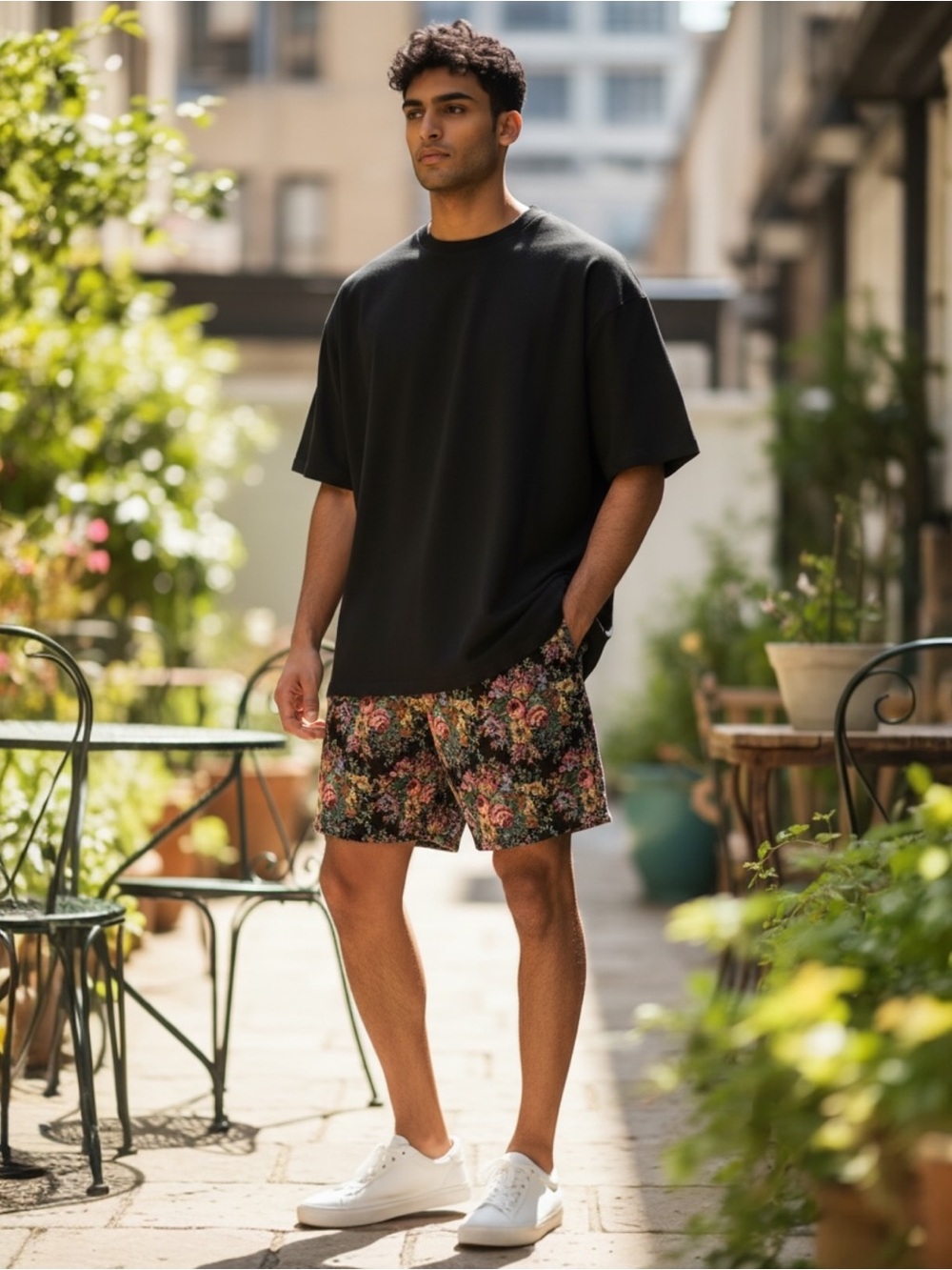 RARE PLEASURES Destiny Woven Shorts Black Floral Tapestry Size L